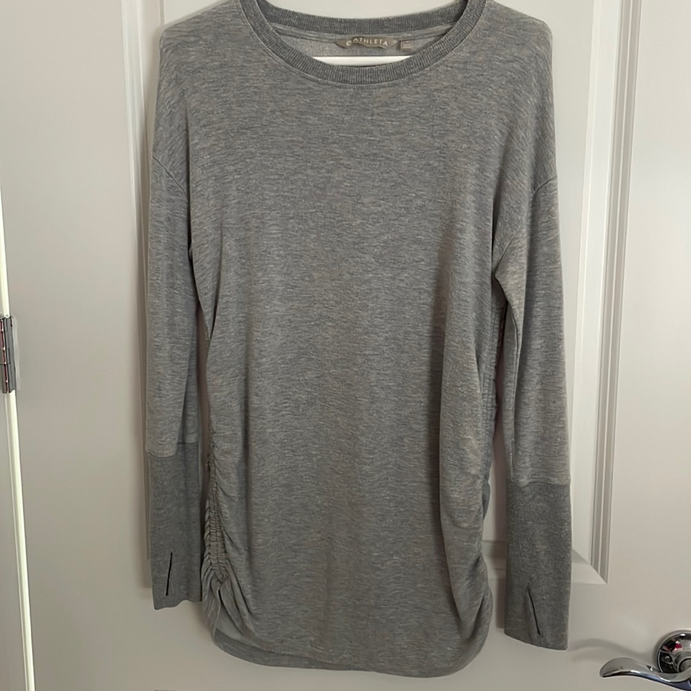 Athleta Drishti Ruched Sweatshirt, Small, Gray with Thumbholes